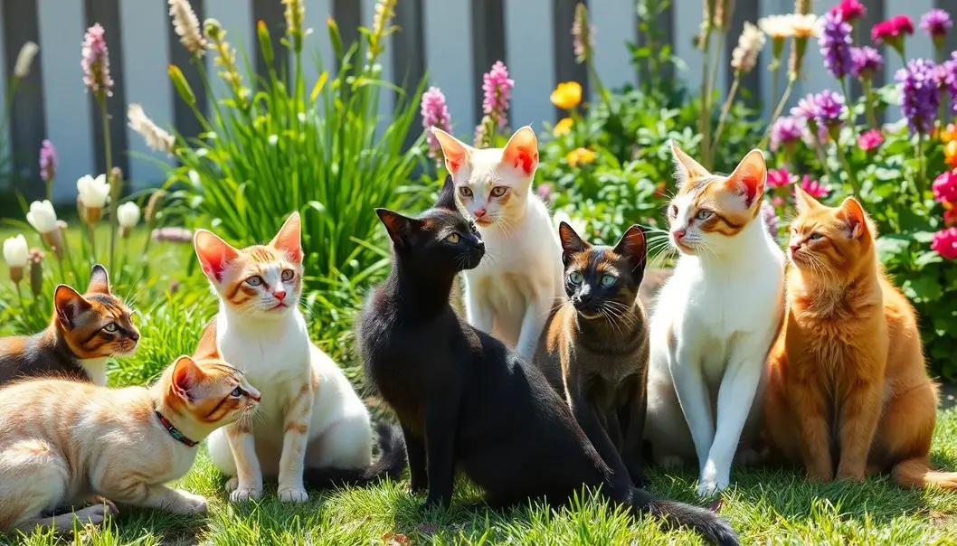 Various American cat breeds, including a Maine Coon and a Sphynx, in a sunny garden.