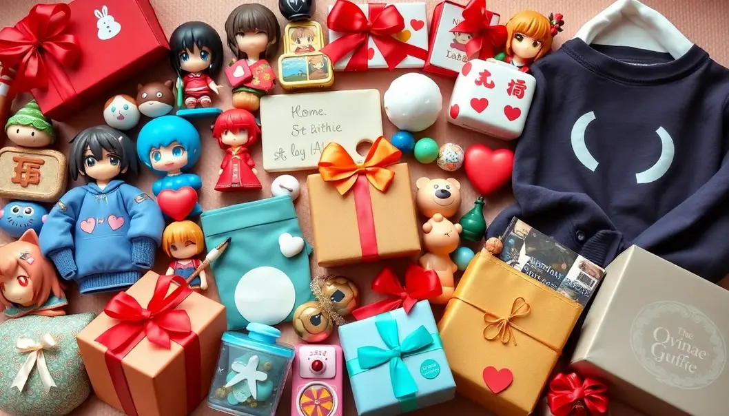 An engaging collage of anime-themed gifts, figurines, apparel, and collectibles.