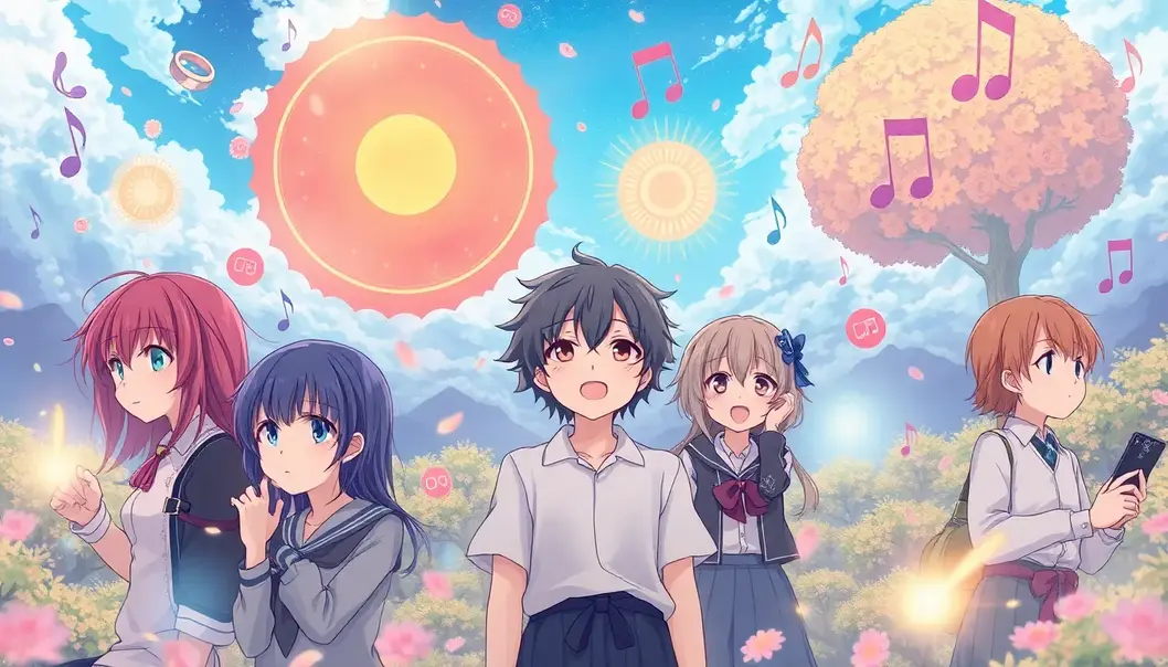 Anime characters in a fantasy setting each showcasing different emotions with visual music elements swirling around.
