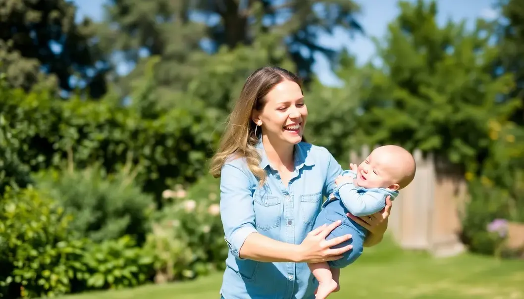 Mom in denim with her baby in a lush backyard under a clear blue sky.