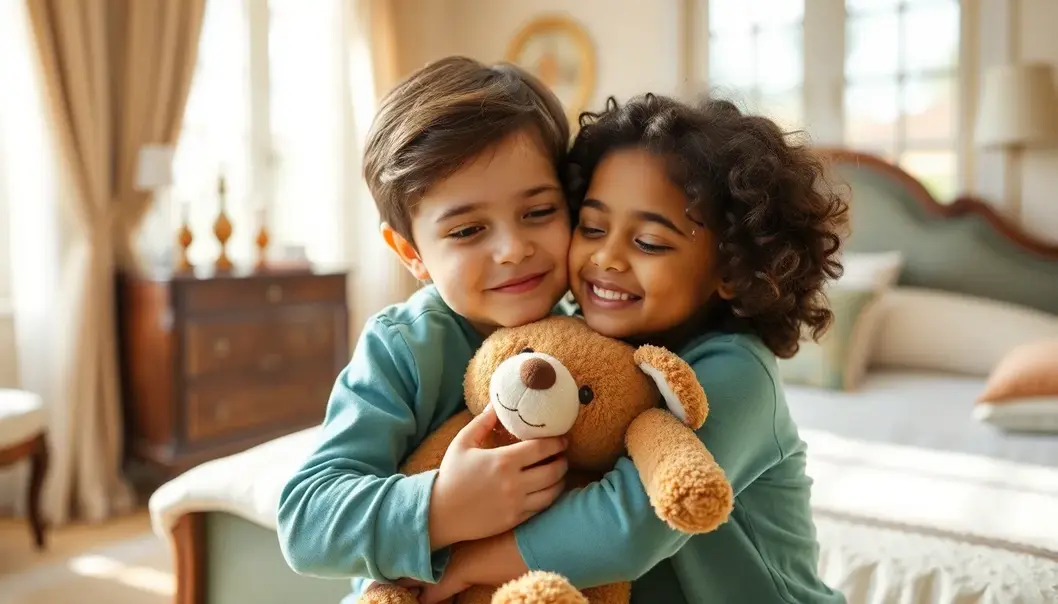 A child forms an emotional bond with a plush toy, finding security and comfort.