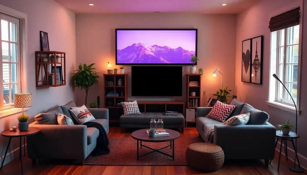 A cozy and stylish freelancer’s movie-watching nook with personal touches.