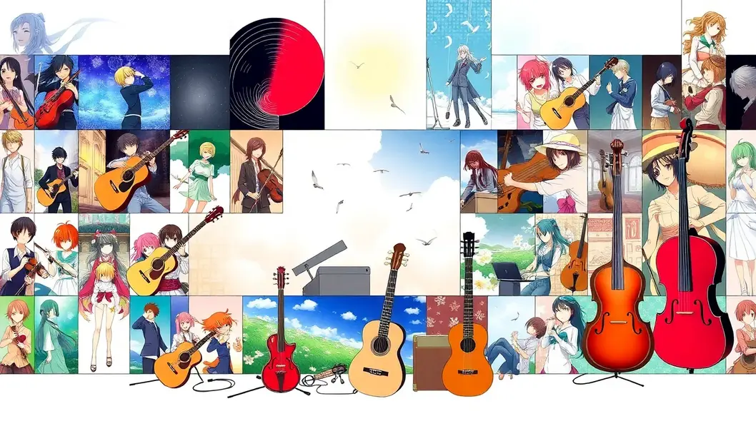 Anime character immersed in swirling musical notes.