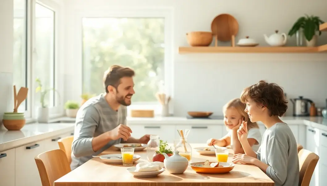 Family in kitchen using bamboo plates and glass containers for breakfast.