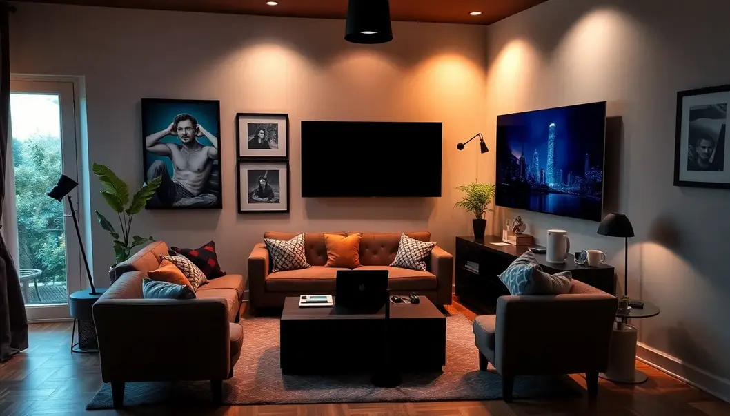 Freelancer's cozy movie-watching corner with modern tech and personal decor.
