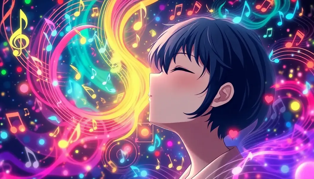 Anime character immersed in swirling musical notes.