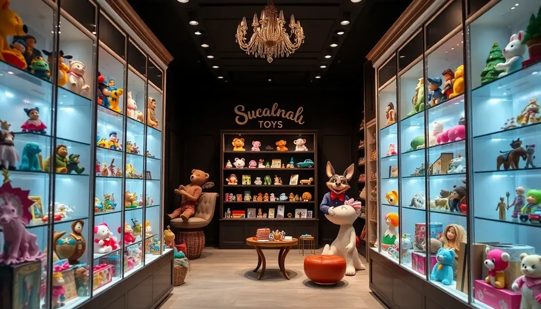 An elegant toy store featuring a variety of high-end toys displayed attractively.