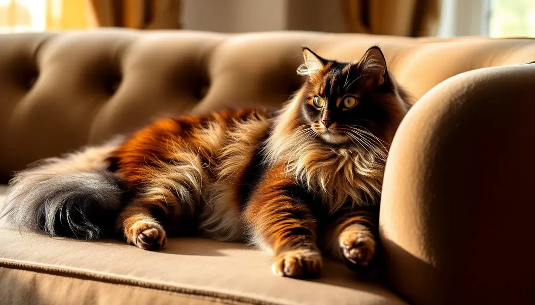 A regal Maine Coon basking in the comfort of a plush couch.