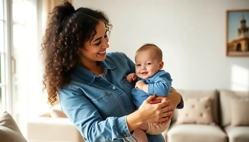 A new mom showcasing the perfect blend of comfort and style in quality denim.