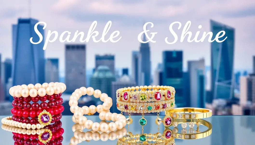 Variety of trendy teen jewelry pieces for 2025 under city skyline.