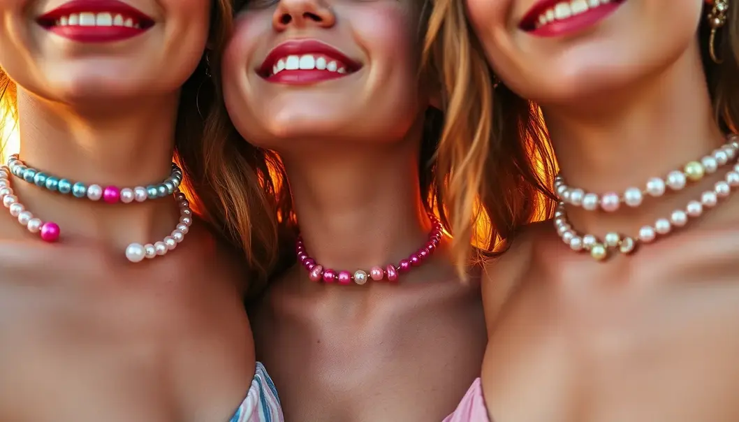 Teenagers enjoying a vibrant beach party wearing colorful pearl chokers.